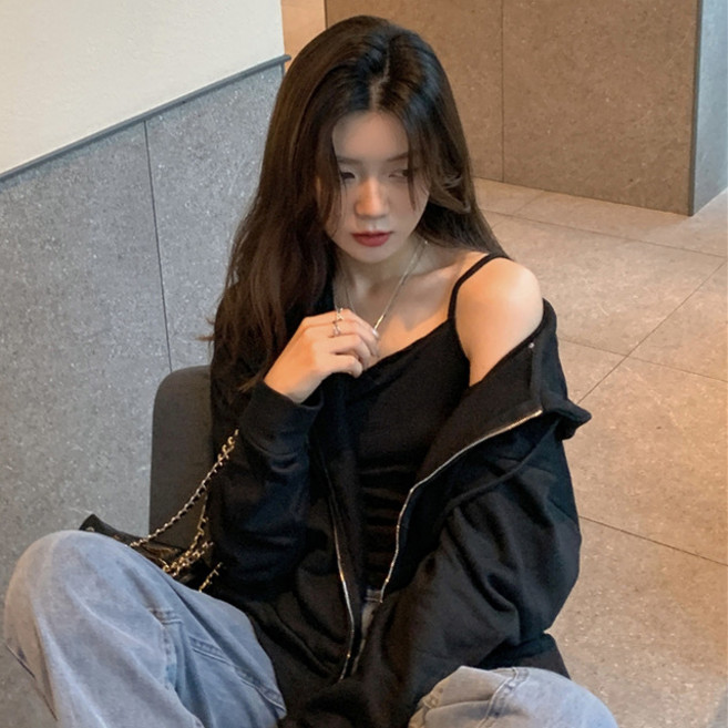 DMELD 女款層次感寬鬆休閒連帽拉鍊外套