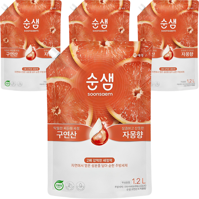 AEKYUNG 愛敬 Sunsam 檸檬酸葡萄柚香廚房洗潔劑, 葡萄柚/柳橙, 1.2L, 4個