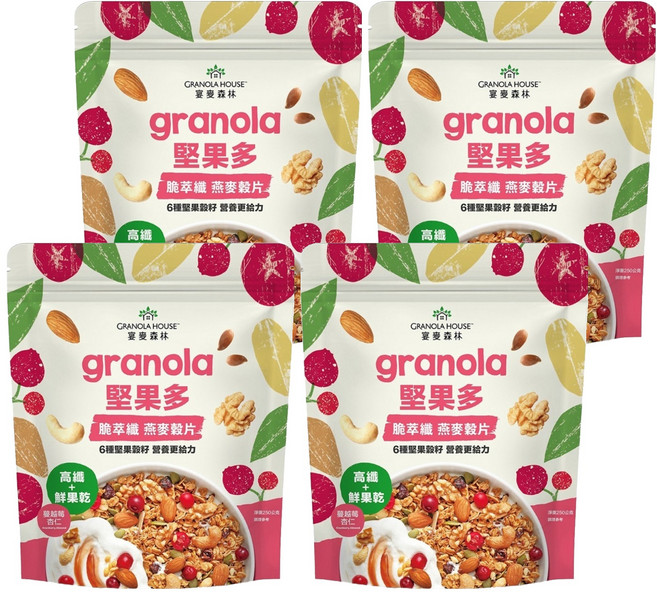 GRANOLA HOUSE 宴麥森林 堅果多 脆萃纖燕麥穀片 蔓越莓杏仁, 250g, 4包