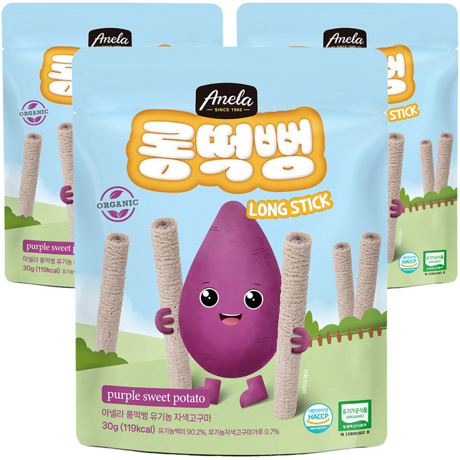 아넬라 유기농 롱떡뻥 자색고구마 롱스틱, 자색고구마맛, 30g, 3개