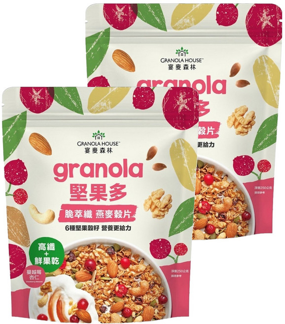 GRANOLA HOUSE 宴麥森林 堅果多脆萃纖燕麥穀片 蔓越莓杏仁 6種堅果穀籽 含10.4g膳食纖維, 250g, 2包