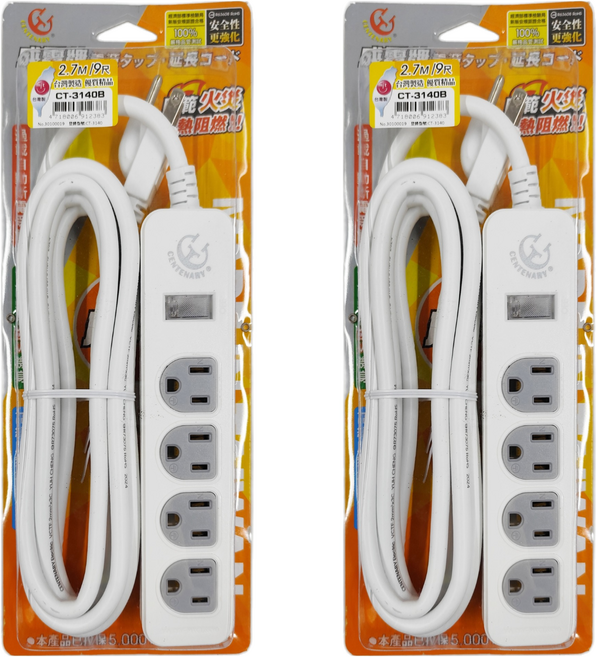 CENTENARY 成電牌 1切4座3孔延長線 15A, 9尺, 白色, 2條