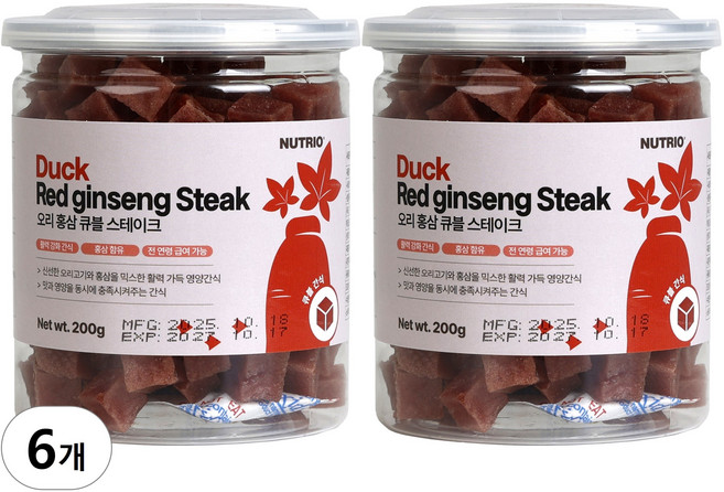 뉴트리오 반려견 스테이크 간식, 혼합맛(홍삼/오리큐블), 200g, 6개