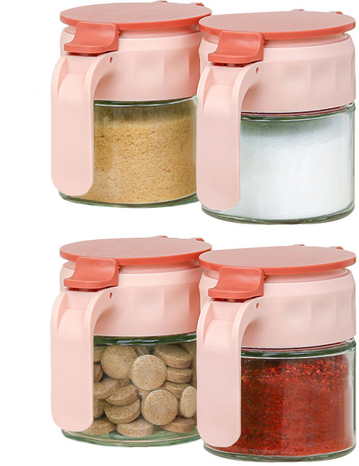 키텐실 시노글라스 글라썸 플립 원터치 밀폐 유리양념통 핑크, 4개, 350ml