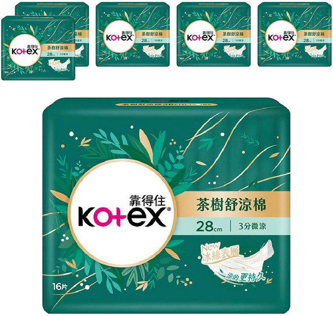 Kotex 靠得住 茶樹舒涼 涼感衛生棉 3分微涼 護翼型, 夜用一般型 28cm, 16片, 6包