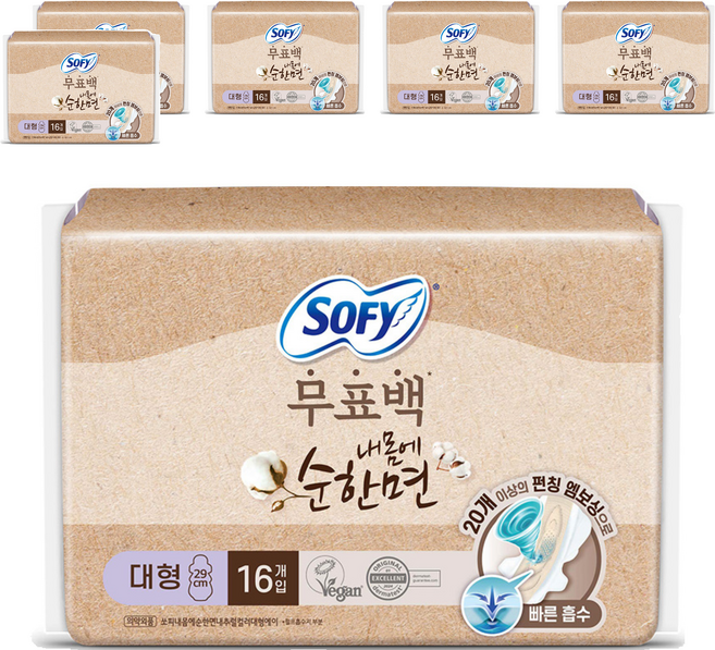 쏘피 내몸에 순한면 내추럴컬러에이 생리대 날개형, 대형, 16개입, 6개