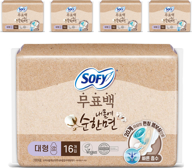 쏘피 내몸에 순한면 내추럴컬러에이 생리대 날개형, 대형, 16개입, 5개