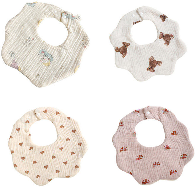 LuxuryBaby 花瓣形狀6層紗布圍兜, B款(大象+泰迪熊+愛心+彩虹), 4件, 1組