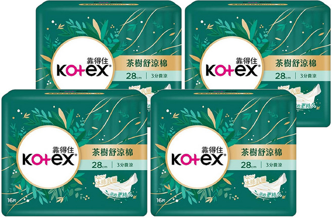 Kotex 靠得住 茶樹舒涼 涼感衛生棉 3分微涼 護翼型, 夜用一般型 28cm, 16片, 4包