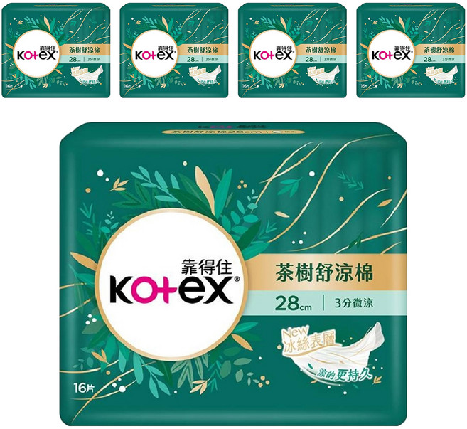 Kotex 靠得住 茶樹舒涼 涼感衛生棉 3分微涼 護翼型, 夜用一般型 28cm, 16片, 5包