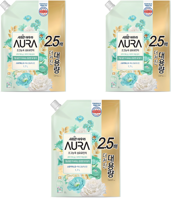 아우라 초고농축 섬유유연제 스모키머스크 리필, 1.7L, 3개