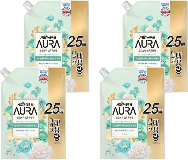 아우라 초고농축 섬유유연제 스모키머스크 리필, 1.7L, 4개