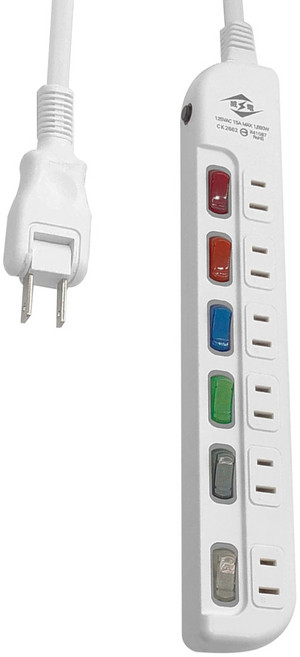 WeiTien 威電 過載斷電6開6座電源線組 2孔, 1.8m, 白色 + 開關顏色隨機, 1組