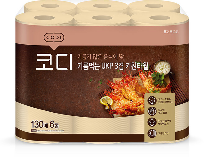코디 기름먹는 UKP 3겹 키친타올, 130매, 6개