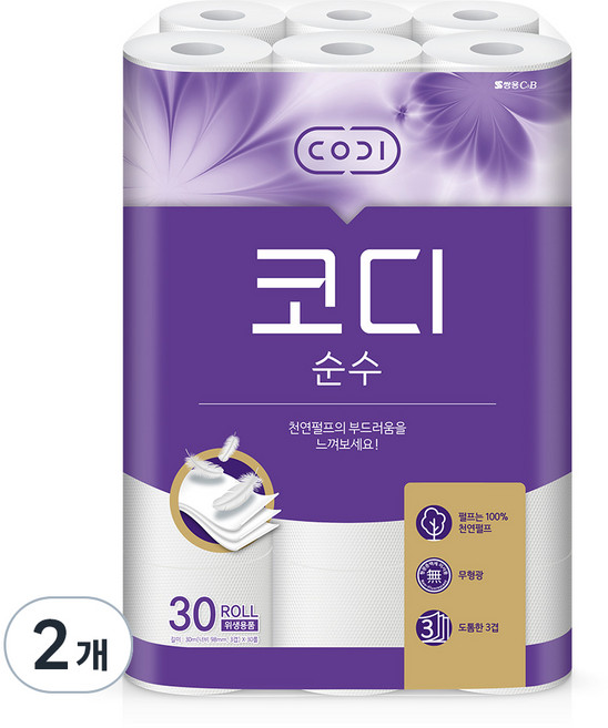 코디 3겹 순수 천연펄프 롤화장지, 30m, 30롤, 2개