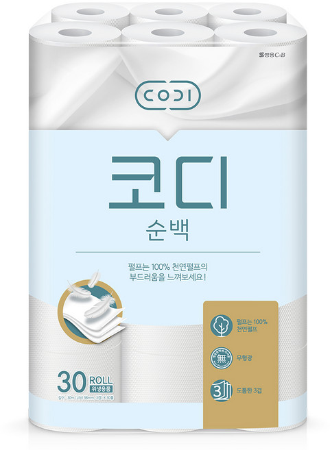 코디 3겹 순백 화장지 30m, 30개입, 1개