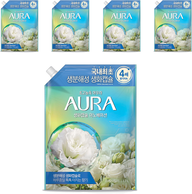 아우라 초고농축 섬유유연제 프레시릴리 리필, 5개, 1.7L