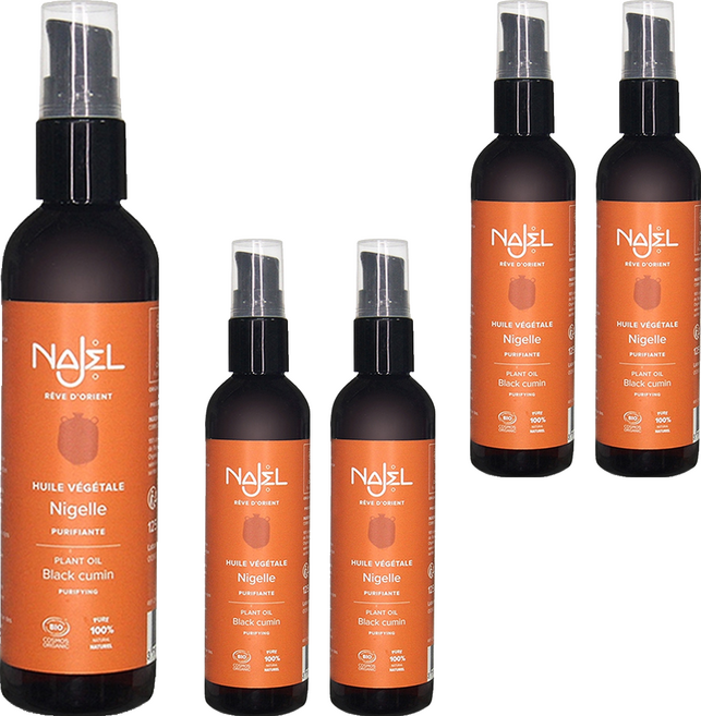 NAJEL 有機黑種籽草按摩護理油 身體 + 頭髮用, 5瓶, 125ml