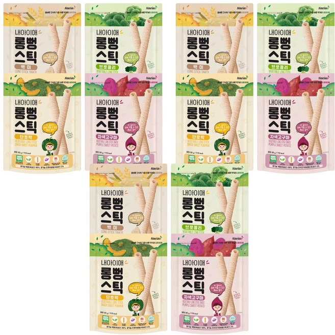 내아이애 유기농 야채 롱뻥 쌀과자 4종 세트, 백미 + 자색고구마 + 단호박 + 브로콜리, 120g, 3세트