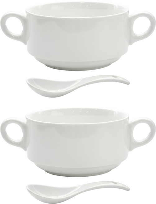 PRELUDE 新骨瓷圓形湯碗2入+湯匙2入組, 白色, 湯碗2入+湯匙2入, 1組