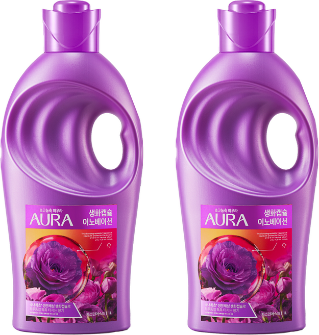 아우라 생화캡슐 이노베이션 초고농축 섬유유연제 자스민머스크향 본품, 1L, 2개