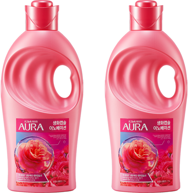 아우라 생화캡슐 이노베이션 초고농축 섬유유연제 피오니로즈 본품, 1L, 2개