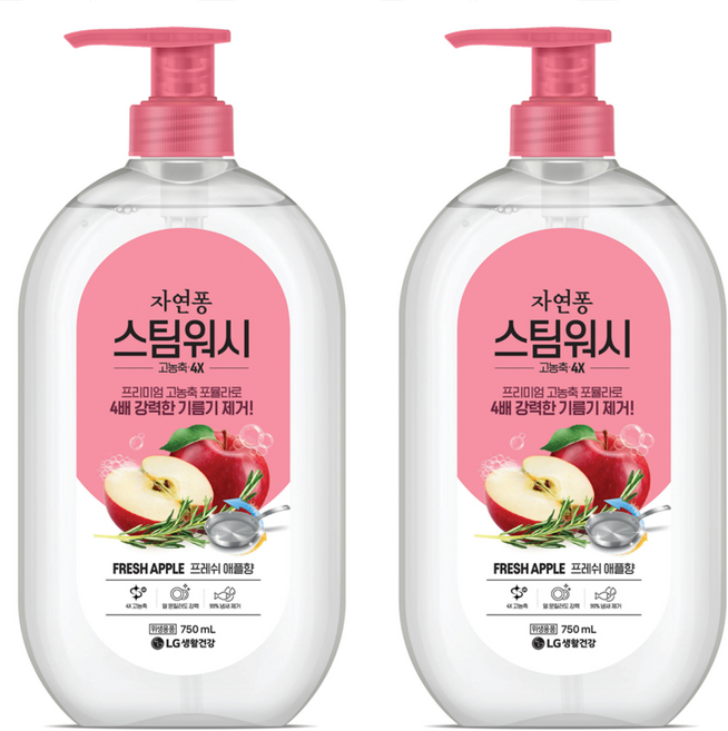 자연퐁 스팀워시 4X 주방세제 애플향, 750ml, 2개