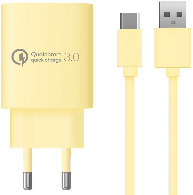 홈플래닛 퀄컴 공식인증 QC3.0 18W 고속충전기 + C타입 충전케이블 1.2m 세트, 옐로우, 1세트