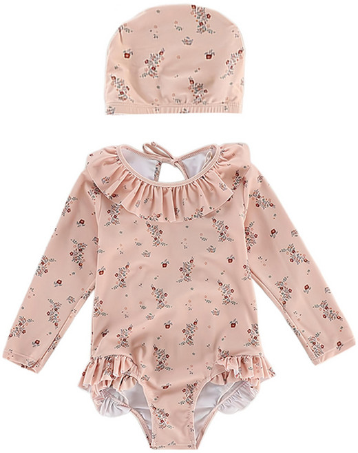 愛北鼻 ins女童 粉碎花 長袖圓領連體泳衣+泳帽 130碼 建議120-130cm 1入