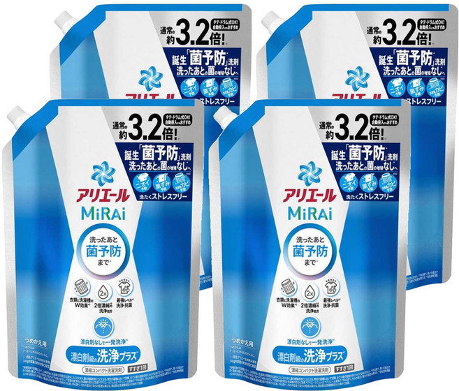 ARIEL MiRAi 日本原裝進口 抗菌2倍濃縮淨白洗衣精補充裝 藍色, 920g, 4包