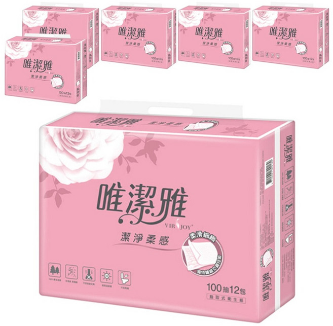 VIRJOY 唯潔雅 抽取式衛生紙 原生紙漿 100張, 12包, 6袋