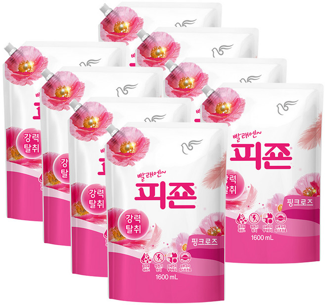 피죤 강력탈취 레귤러 섬유유연제 핑크로즈 리필, 1.6L, 8개