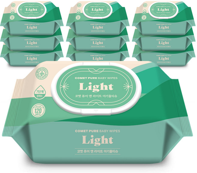 코멧 퓨어 라이트 아기물티슈 캡형, 120매, 10개