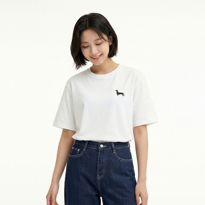 옥스타 남녀공용 통기성 닥스훈트 자수 반팔 티셔츠 8ts033