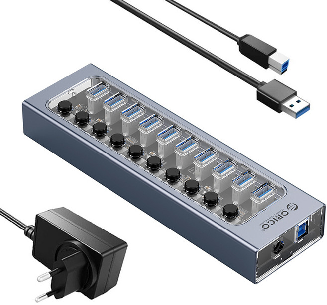 ORICO 奧睿科 10埠附電源USB集線器 AT2U3-10AB, 灰色, 1個