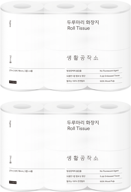 생활공작소 두루마리 천연펄프 3겹 고급롤화장지, 27m, 6개입, 2개