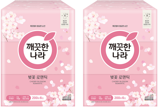 깨끗한나라 벚꽃 로맨틱 미용티슈 2겹, 200매, 12개