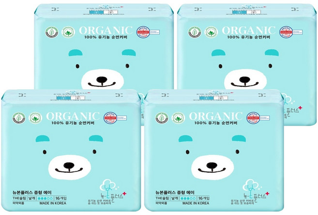 유기농본 뉴본플러스 슬림한 생리대, 중형, 16개입, 4개