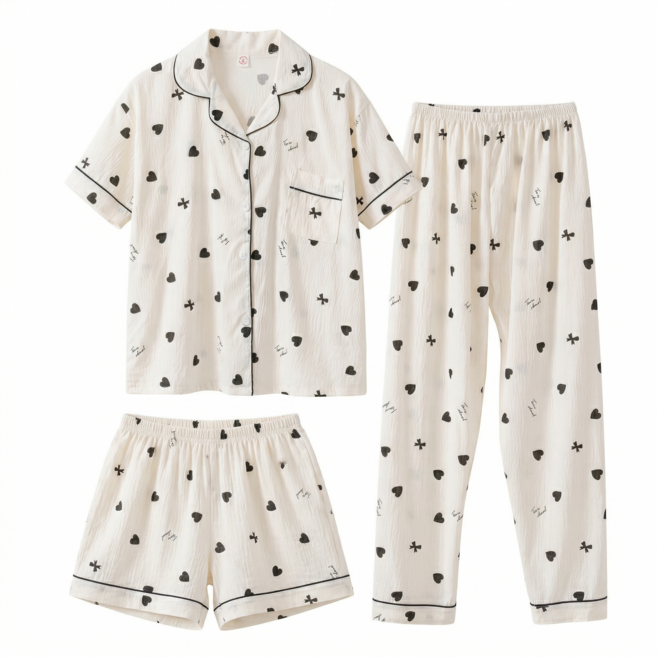 티앤쿠키 여성용 하트 리본 파자마 반팔 긴바지 반바지