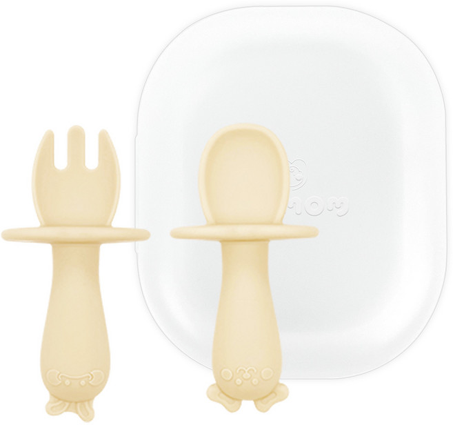 유비맘 자기주도 실리콘 이유식 스푼 + 포크 케이스 세트, 인절미 베이지, 1세트