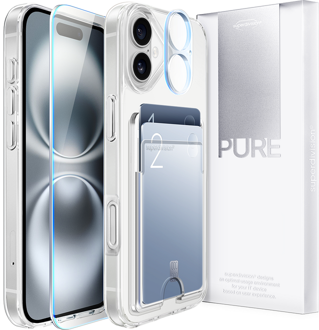 슈퍼디비전 퓨어 카드 올인원 패키지 변색방지 휴대폰 케이스 + 강화유리 카메라 전면 풀커버 세트