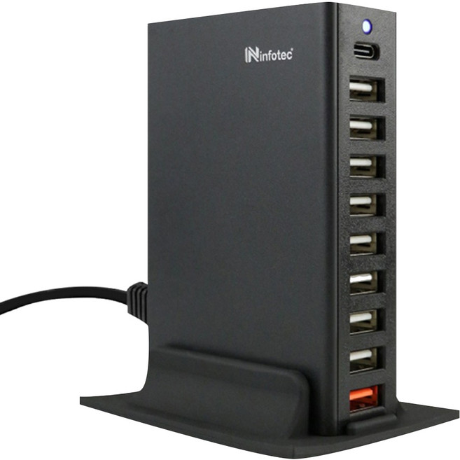 infotec 英富達 桌面型 PD3.0 + QC3.0 + USB 63W 10埠快速充電器 附電源連接線 7.2 x 2.9 x 10.8cm 187.3g, 黑色, 1個