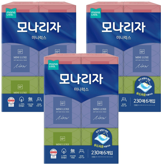 모나리자 미니럭스 천연펄프 미용티슈 2겹, 230매, 18개