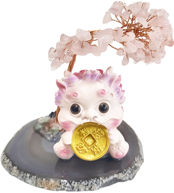 麟鳳呈祥 開運招財貔貅天然水晶樹 瑞獸吉祥物擺飾, 粉色貔貅 + 粉水晶