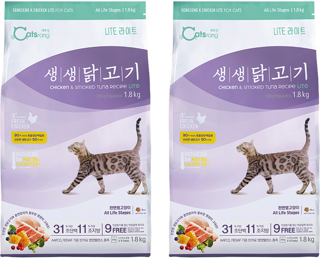 캐츠랑 고양이 생생닭고기 기능성 사료, 헤어볼, 1.8kg, 2개