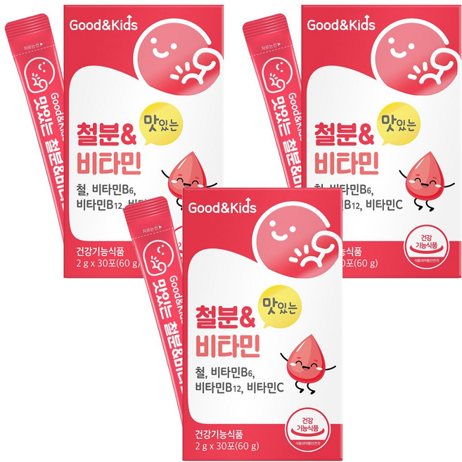 굿앤키즈 유아용 맛있는 철분비타민 딸기맛 30p, 60g, 3개