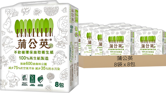 蒲公英 環保張取衛生紙 100張, 8包, 8袋