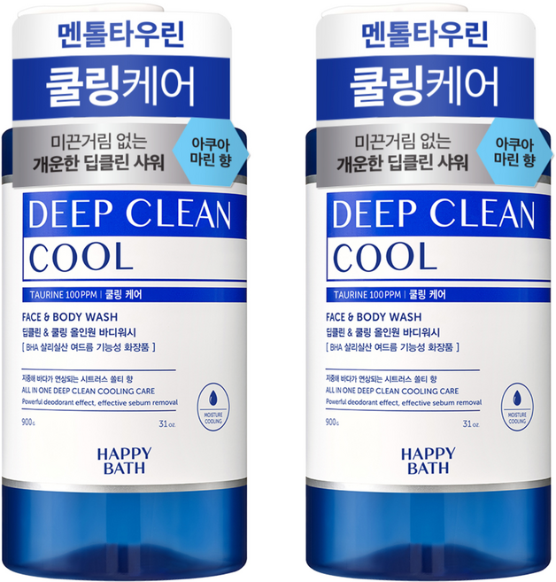 해피바스 딥클린 멘톨 쿨링 케어 올인원 바디워시 아쿠아 마린향, 900g, 2개