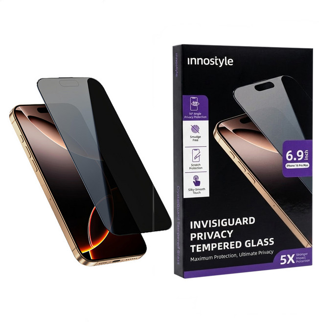 Innostyle Invisi系列 鋼化玻璃保護貼 iPhone 16 Pro Max 26° 防偷窺 9H 防指紋 抗震 黑色