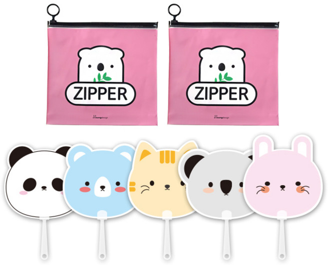 애니멀 프랜즈 부채 5p + 애니멀 지퍼백 미디움 2p 세트, 핑크(지퍼백), 랜덤발송(부채), 1세트